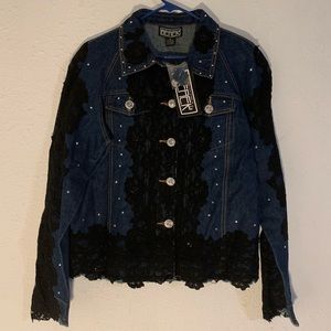 🌸BEREK jean jacket w bl crochet & crystal buttons